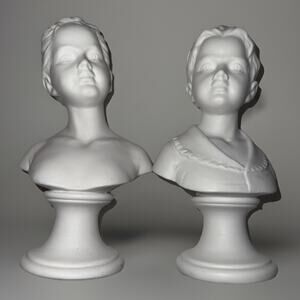 Vintage Napco White Ceramic Boy and Girl Bust Figurines Sculptures 6.75”